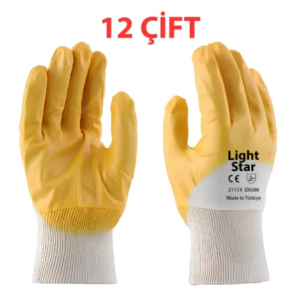 Light Star 3/4 sarı nitril kaplı iş eldiveni ve 12li montaj eldiveni