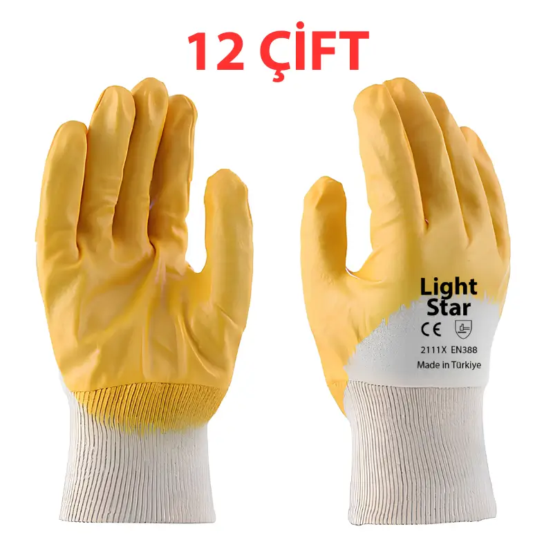 Light Star 3/4 sarı nitril kaplı iş eldiveni ve 12li montaj eldiveni